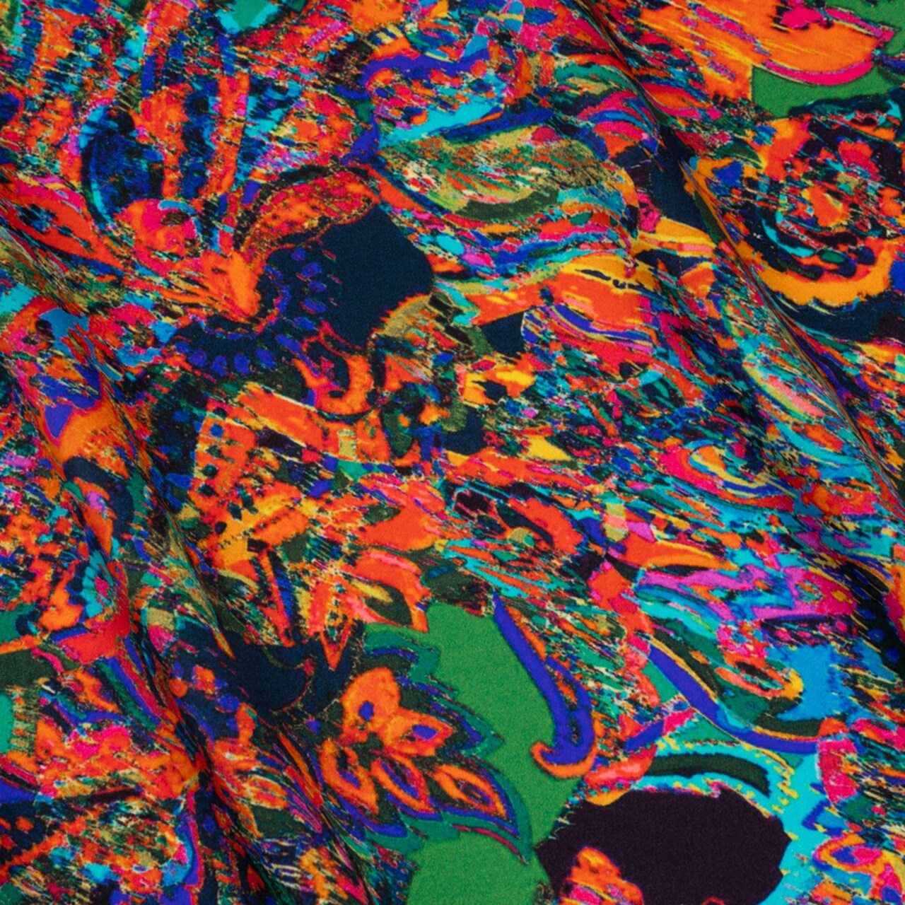 1 Yard Silk Charmeuse Fabric Green, Blue and Orange Sketched Jacobean Floral 54 inch Width